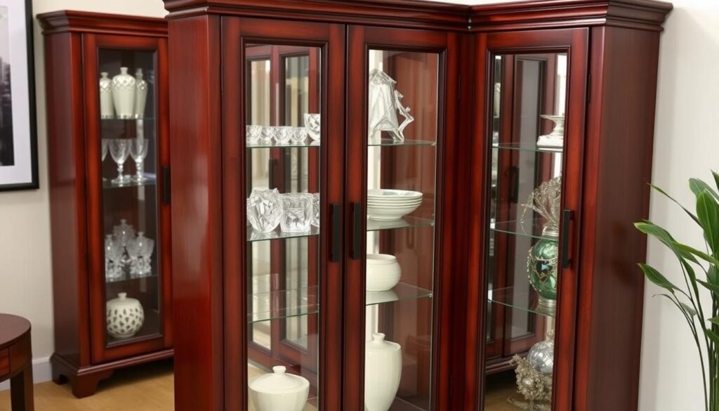 Durable furniture construction of a corner curio cabinet