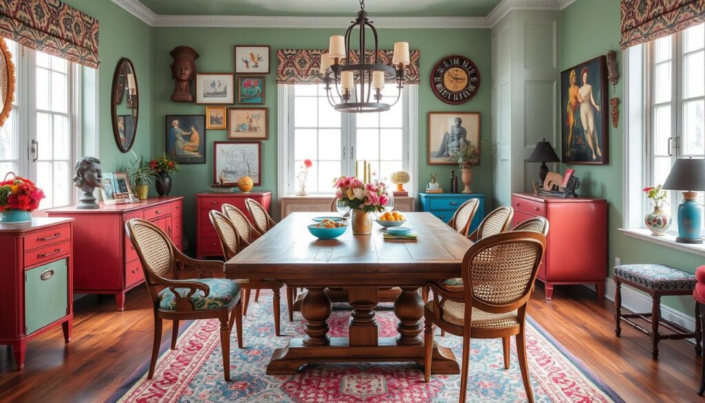 Eclectic dining room set with cane back chairs