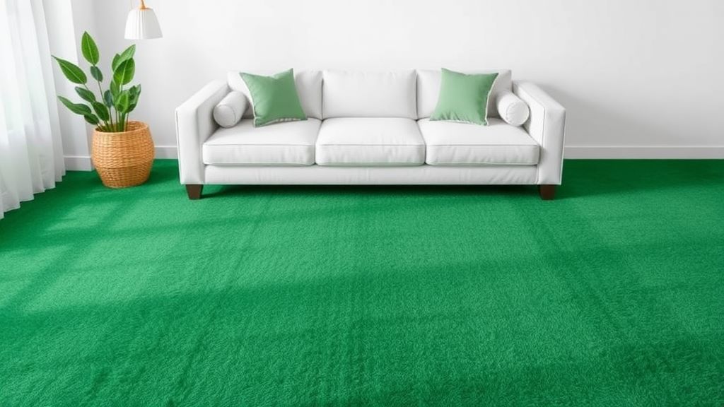 Emerald green rug with white couch