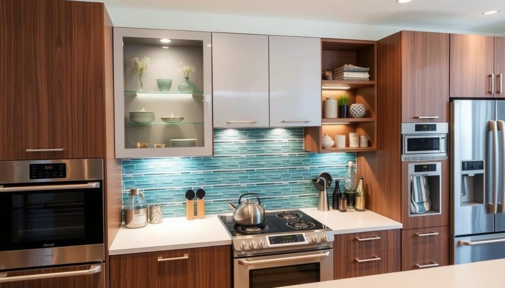 Floor cabinet over stove features