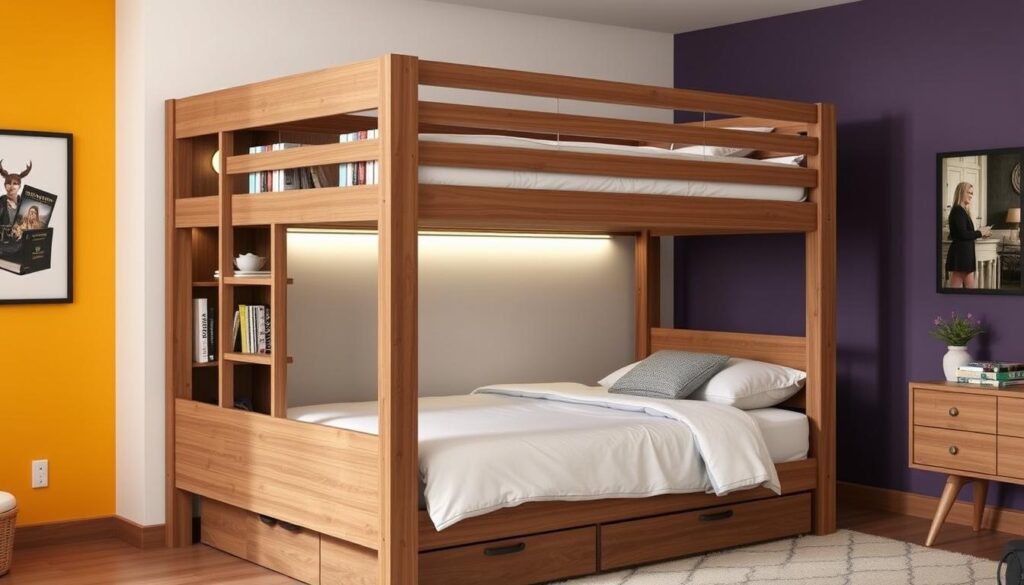 Full over queen bunk bed space-saving design