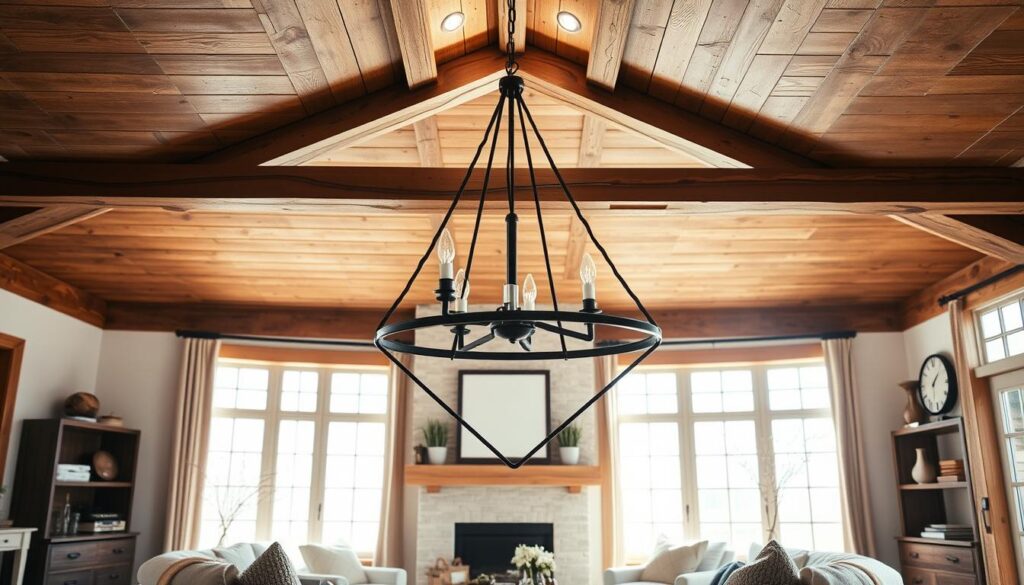 Geometric chandelier in modern farmhouse setting