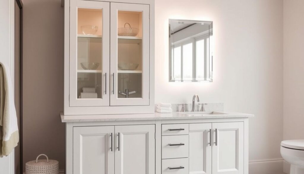 Glass door and drawer vanity in  Bathroom 