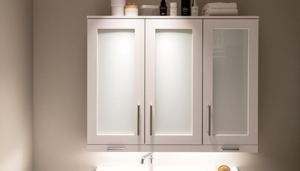 Glass door vanity with recessed frosted glass panels