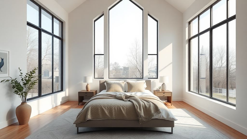 High ceiling asymmetrical wall windows vertical space