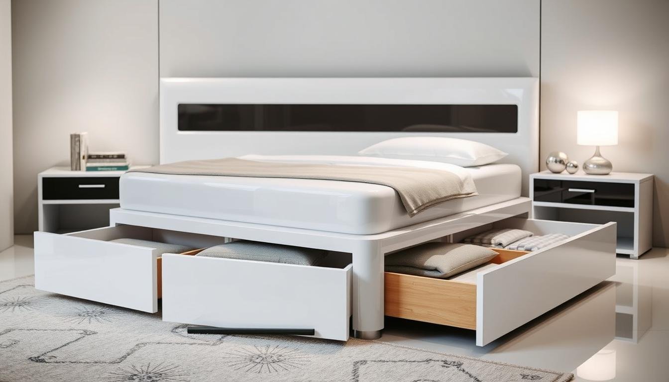 White Glossy Lacquer King Bed Storage: Luxury Solutions