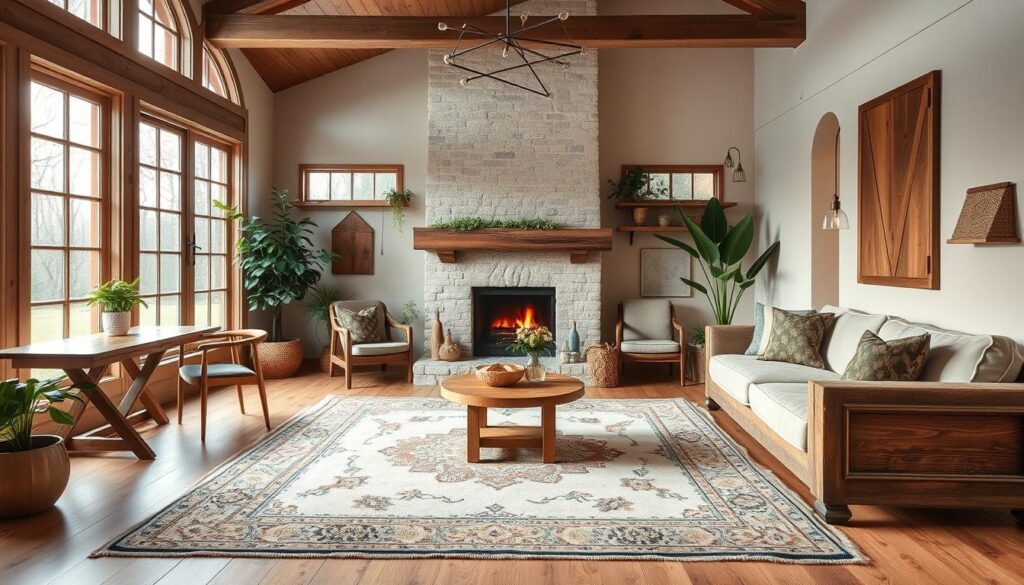 Modern farmhouse interior design with rug