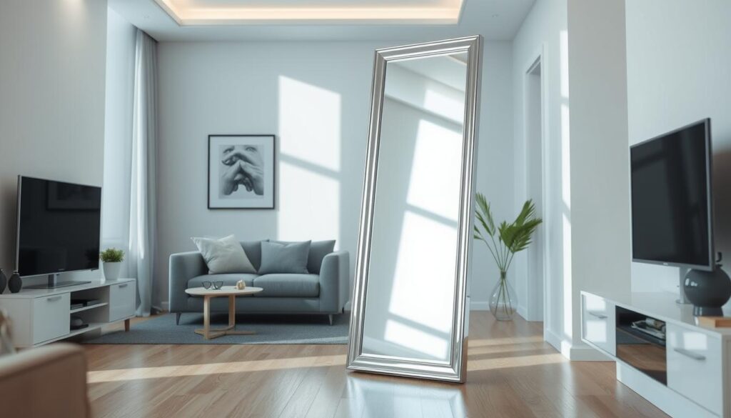 Polished chrome floor mirror as eye-catching decor