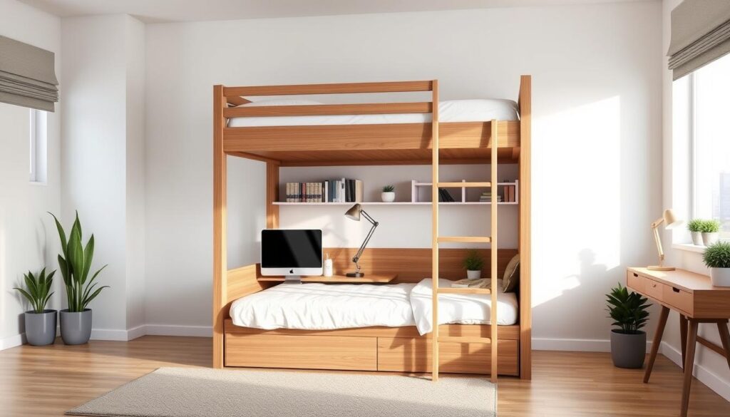 Queen size bunk bed with desk configuration