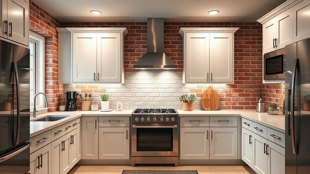 Right lighting white cabinets and brick corean kitchen