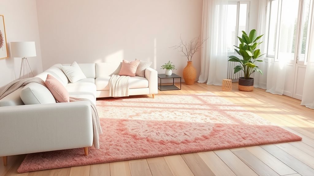 Soft pink rug white couch living room