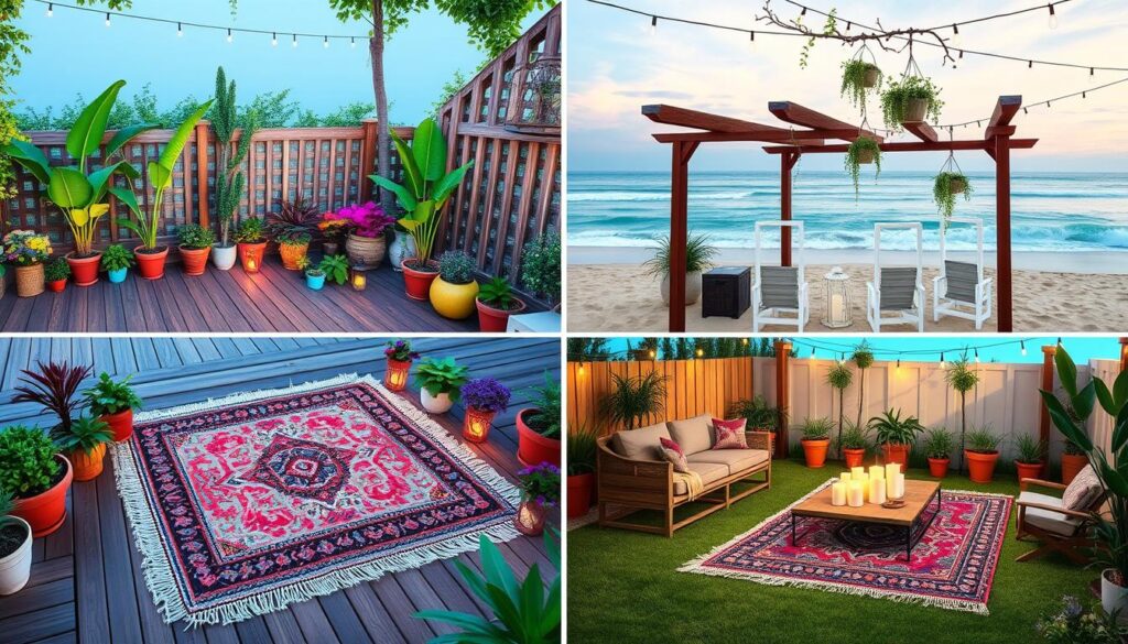 Versatile outdoor rugs in various outdoor spaces