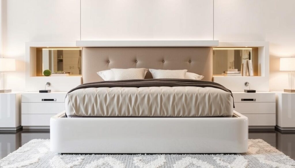 White glossy lacquer king bed storage