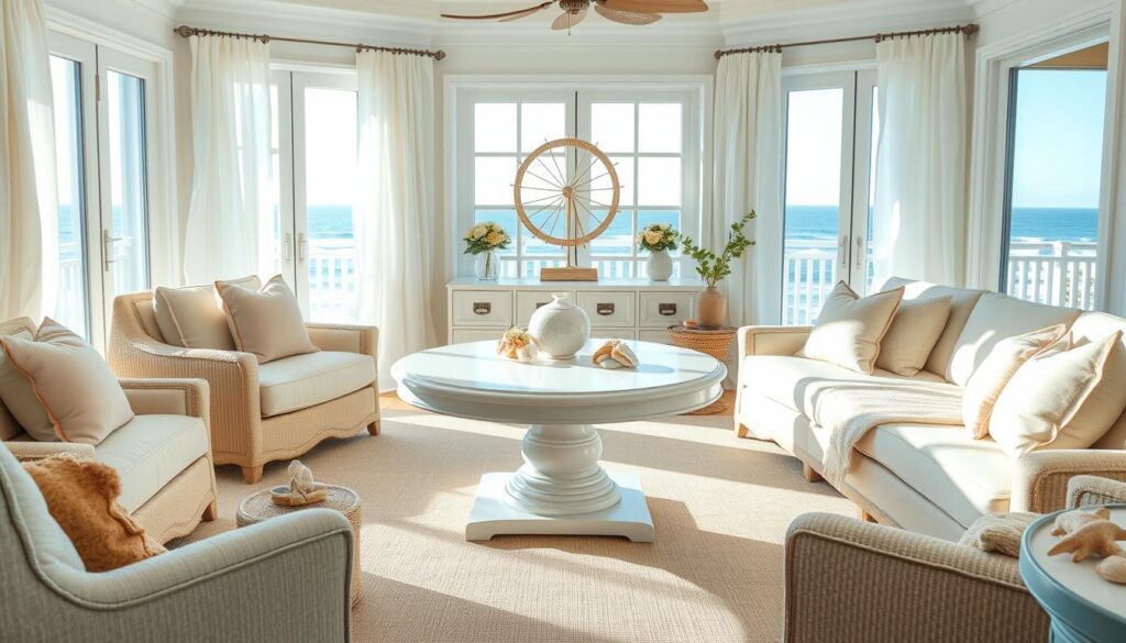 White pedestal coffee table in coastal decor