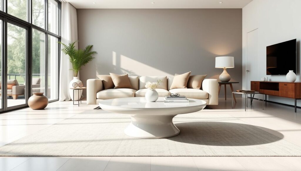 White pedestal coffee table in modern interior