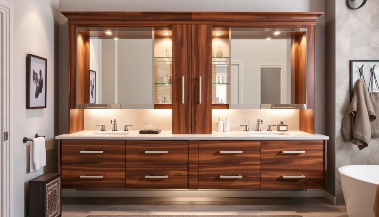 bathroom vanity with glass doors and drawers