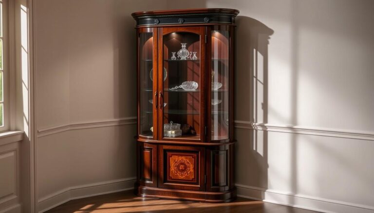 floor standing 3 sided corner curio cabinet in cherry finish black