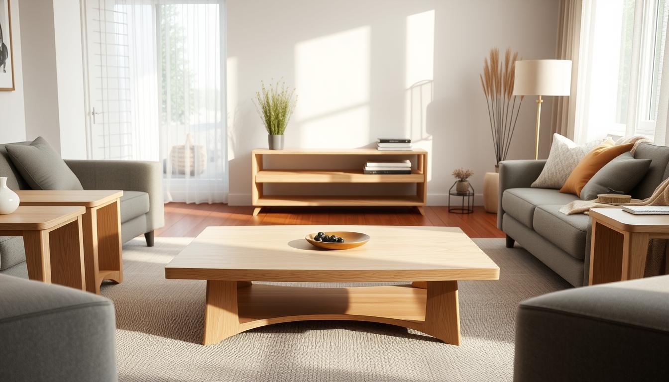 light wood coffee table with matching tables for living room