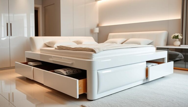 white glossy lacquer king bed storage