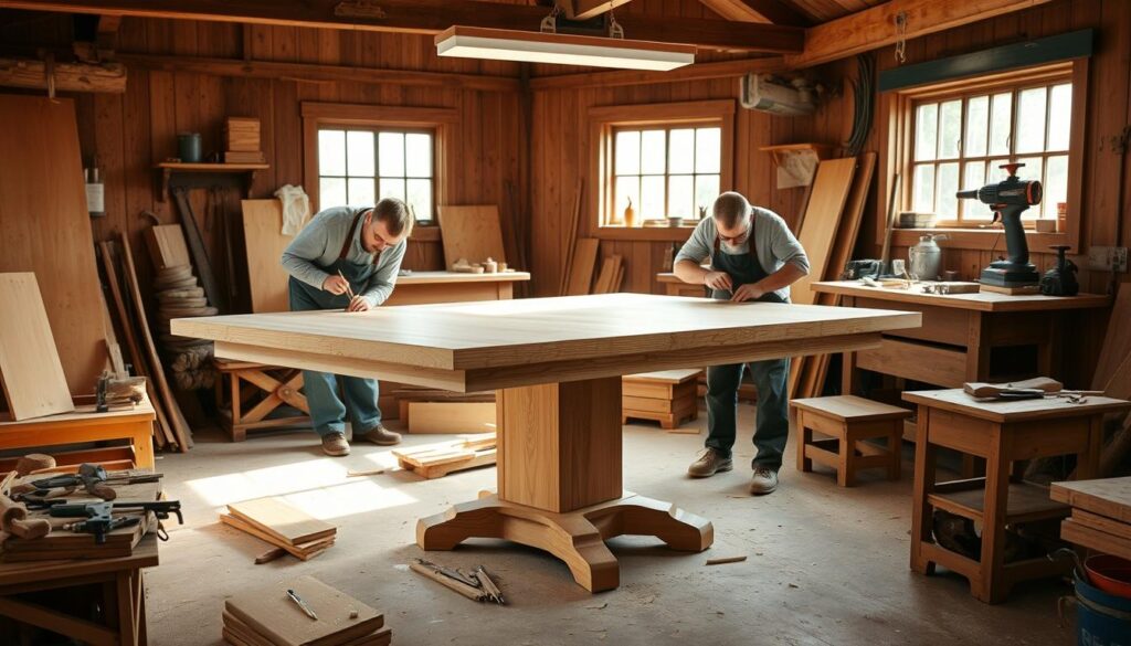 Amish artisans crafting rectangular pedestal dining table