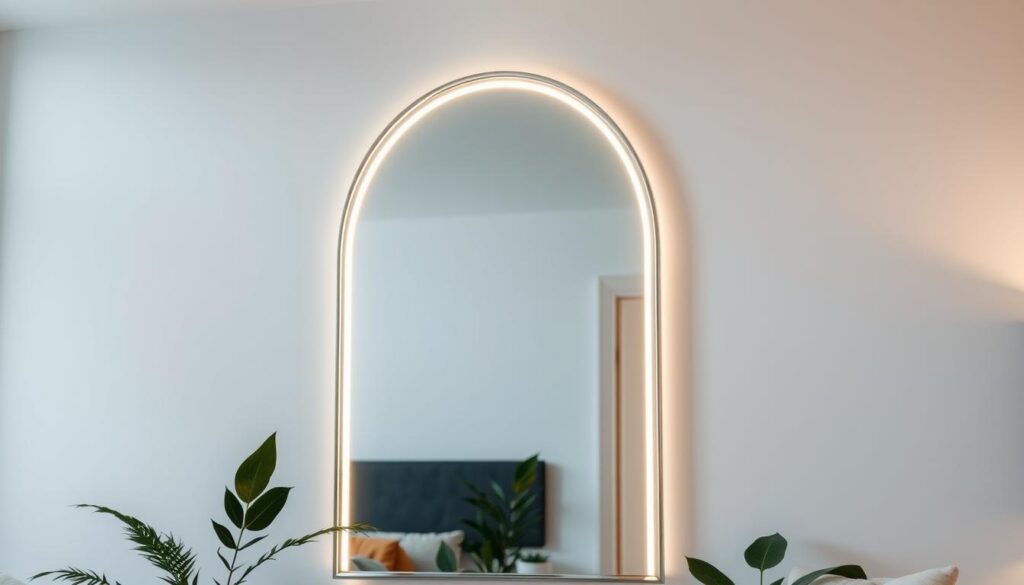 Arched mirror LED strip in residential space