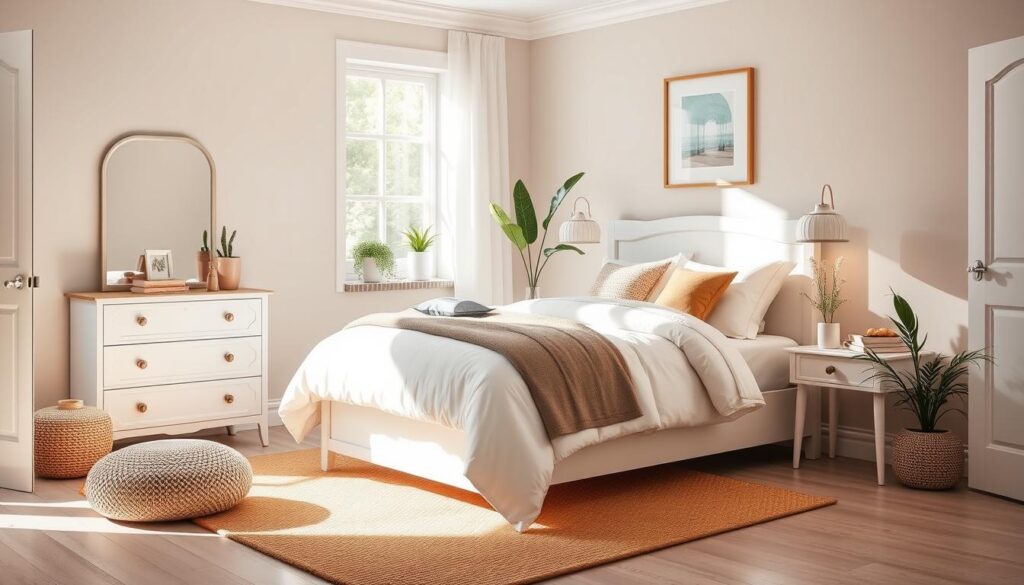 Bedroom layout with white 8 drawer chest