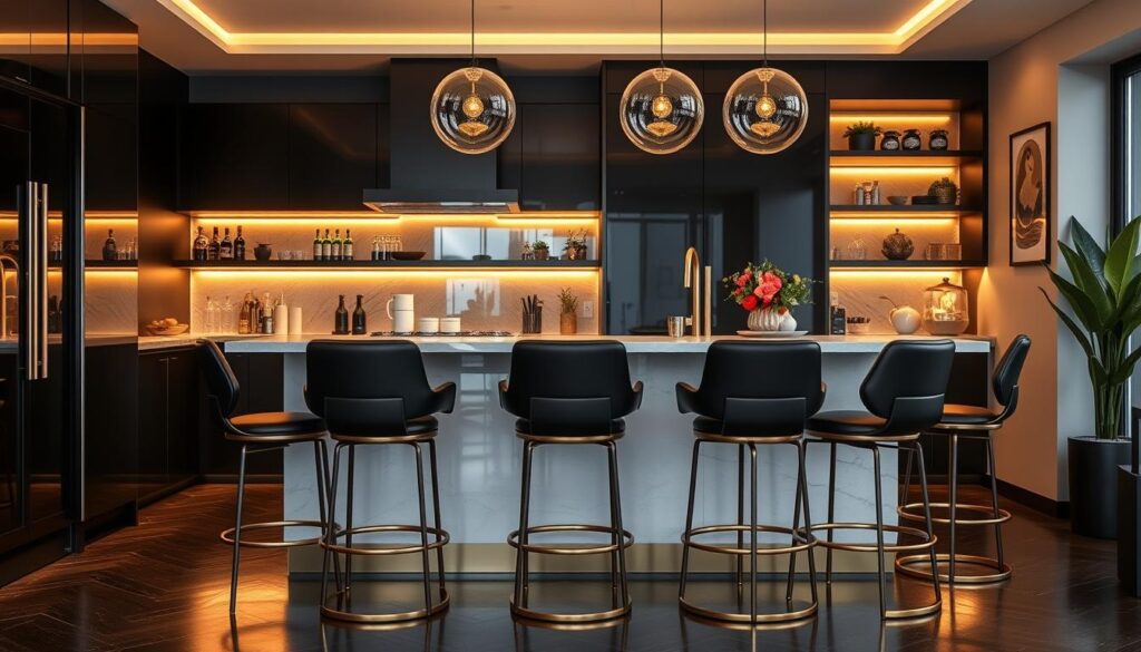 Black and gold bar stools in interior design