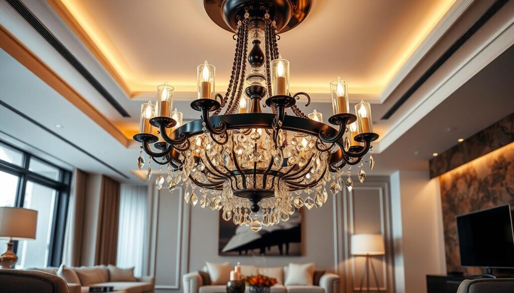 Black and gold chandelier in interior design