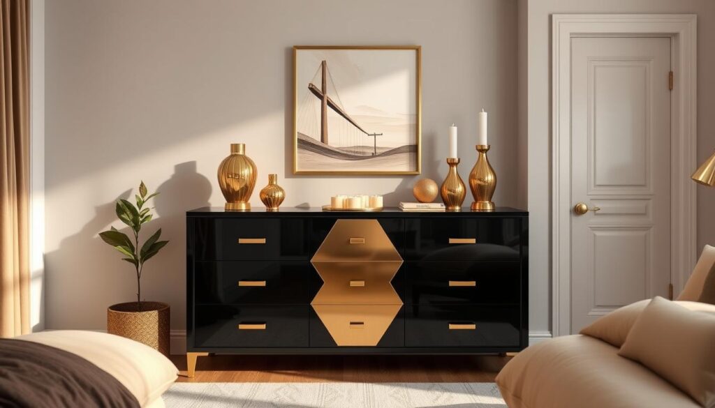 Black and gold dresser as bedroom focal point