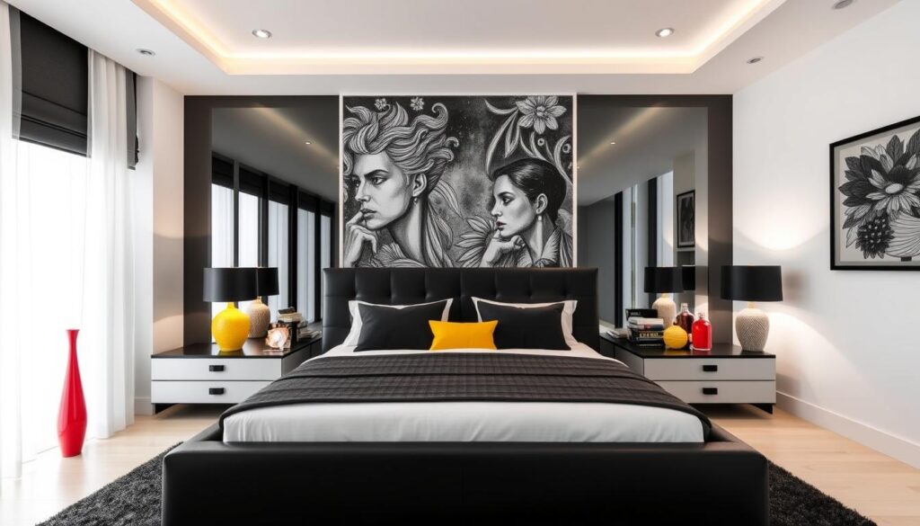 Black and white bedroom with accent colors