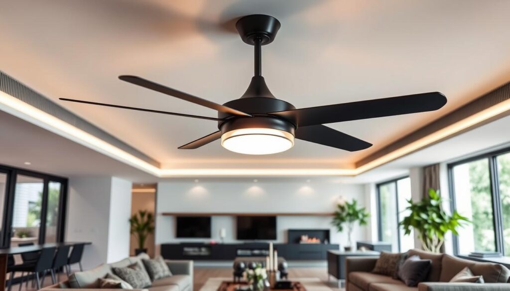 Black ceiling fan design in modern interior