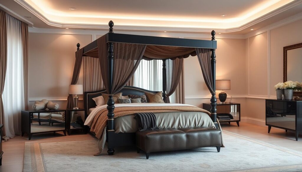 Black king canopy bed in master bedroom