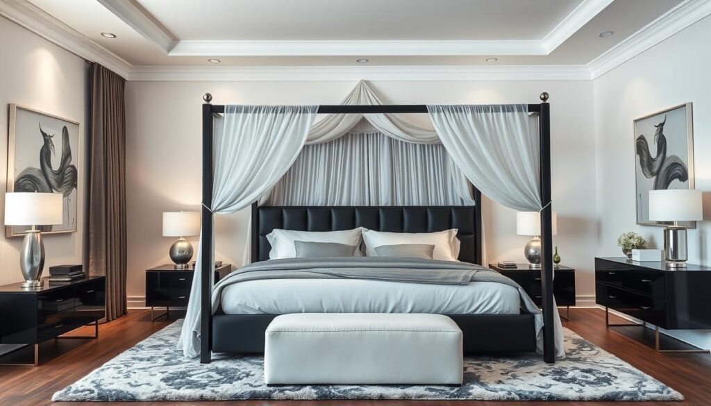 Black king canopy bed room layout