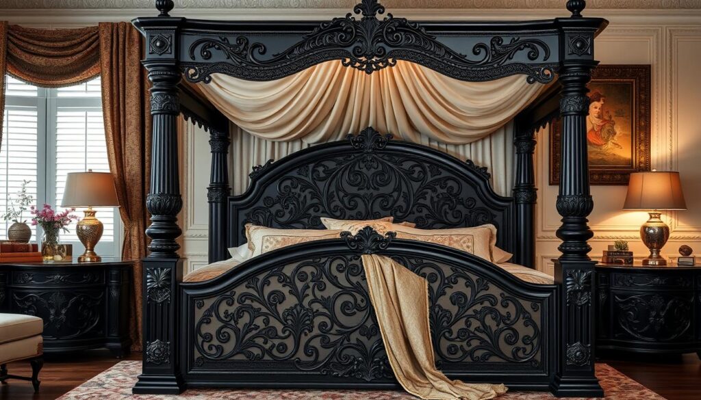 Black king canopy bed with ornate patterns