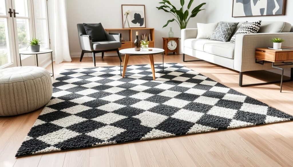 Black white checkered rug made of polypropylene