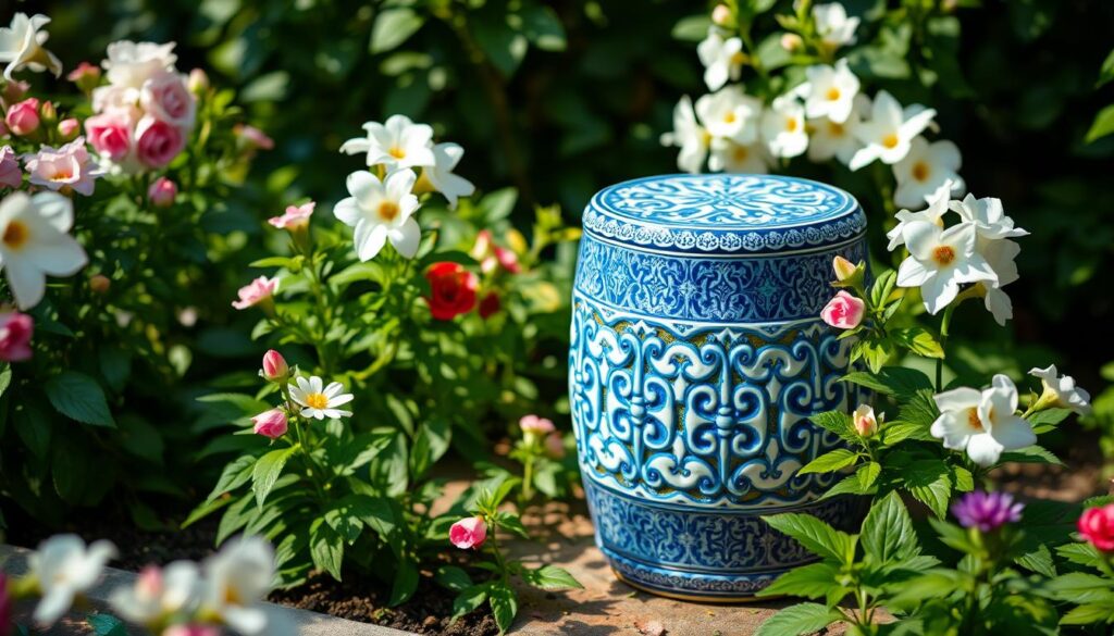 Blue and white garden stool as versatile decor