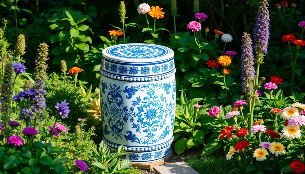 Blue and white garden stool with barrel shape