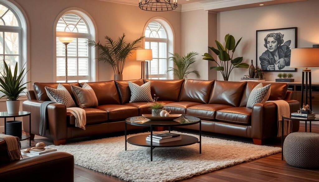 Brown leather sectional in living room