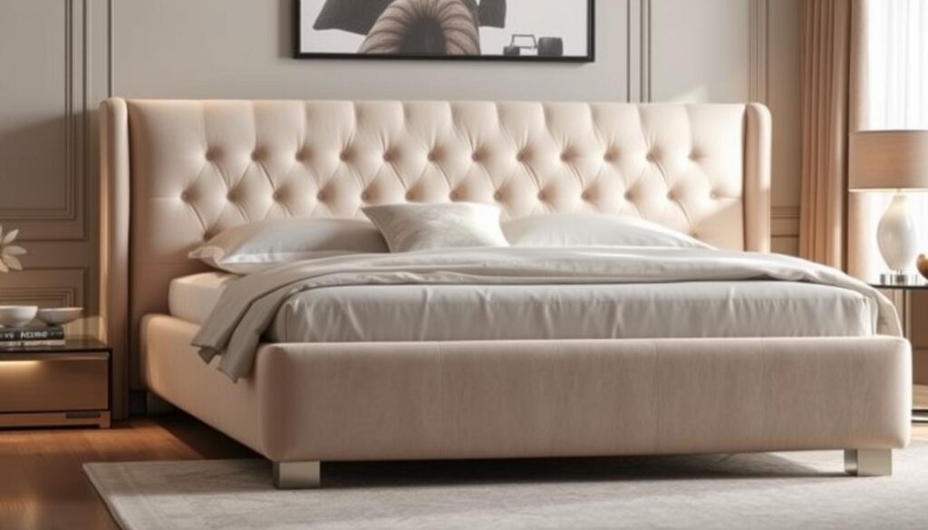 California King upholstered bed with tufted headboard