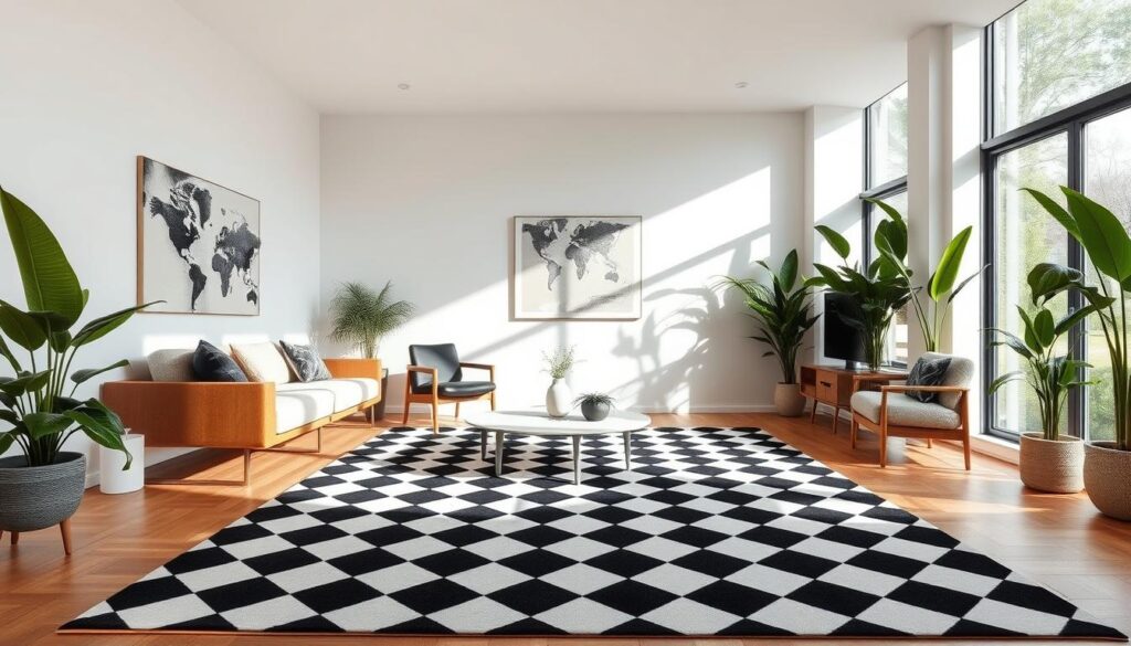 Checkered rug in modern interior