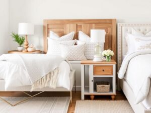 Chic White & Oak Nightstand for Modern Bedrooms in a luxury farmhouse master bedroom