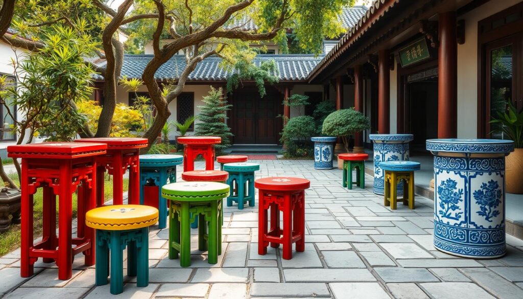 Chinese garden stools in a traditional setting