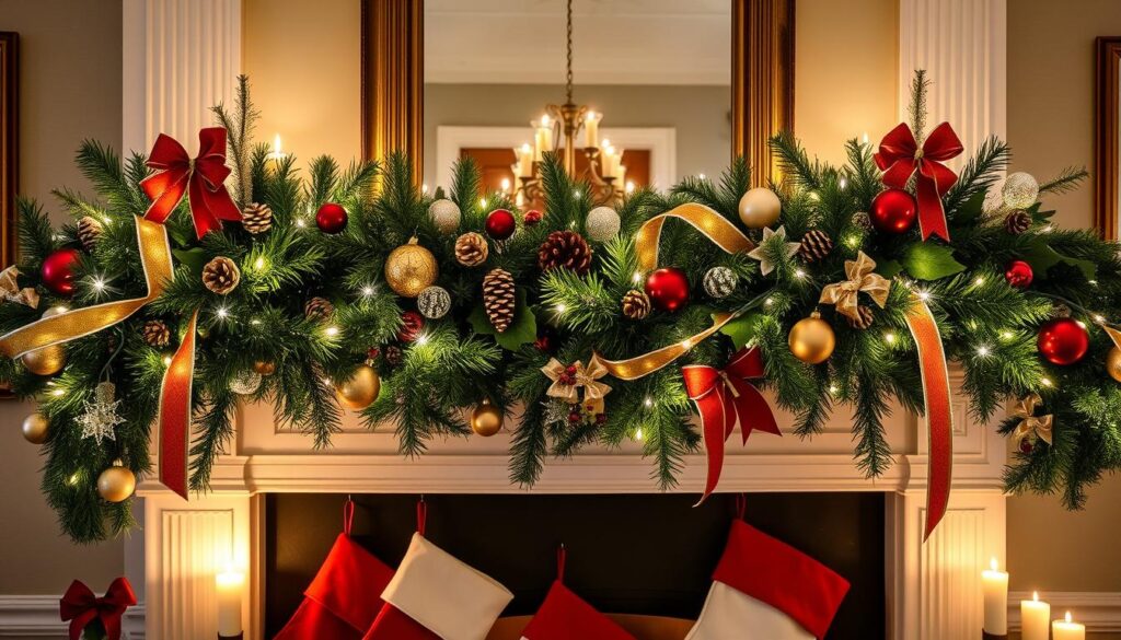 Christmas mantel decor with garland