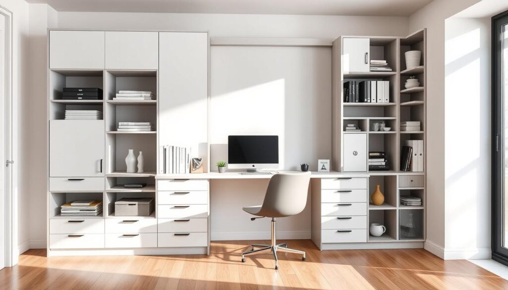 Compact storage solutions for decluttered workspace - wall unit with desk