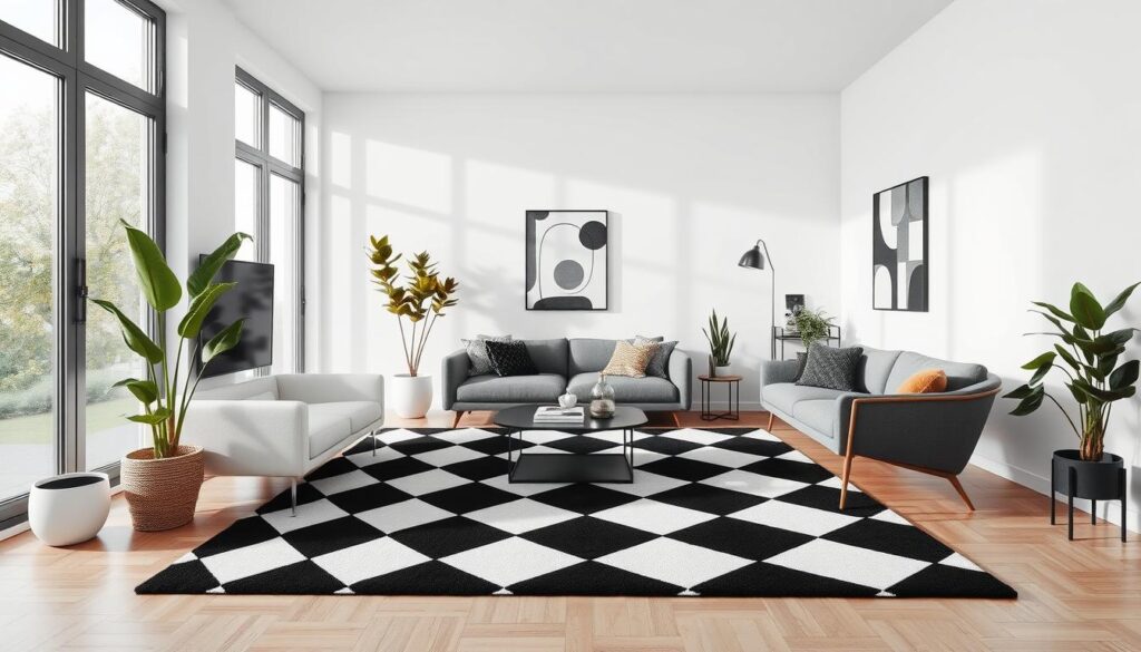 Contemporary decor with checkered rug