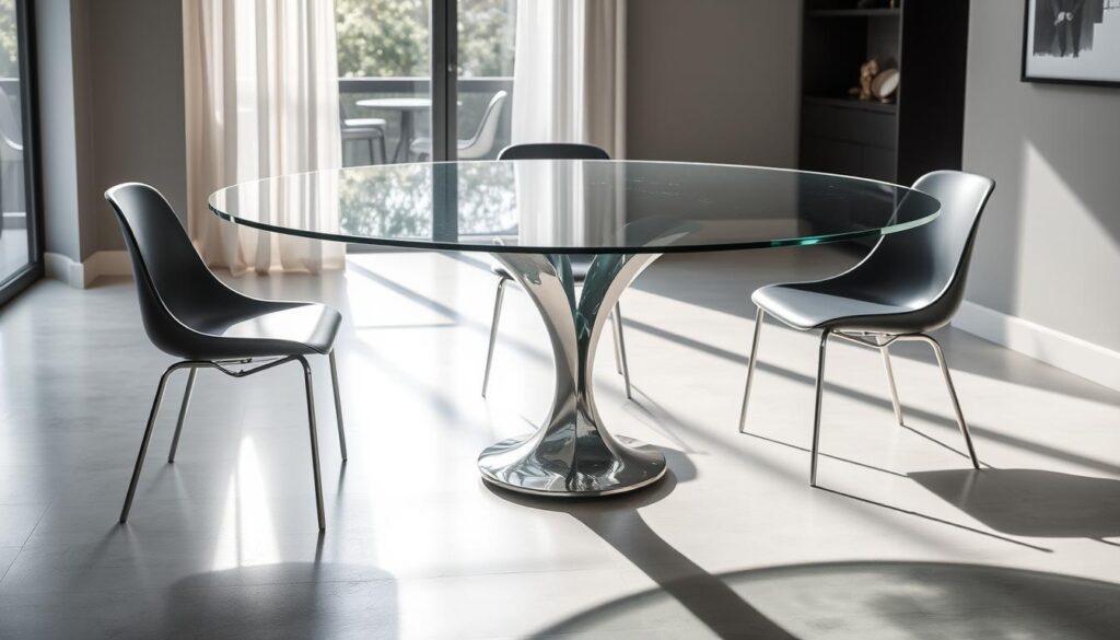 Contemporary round glass dining table with metal base