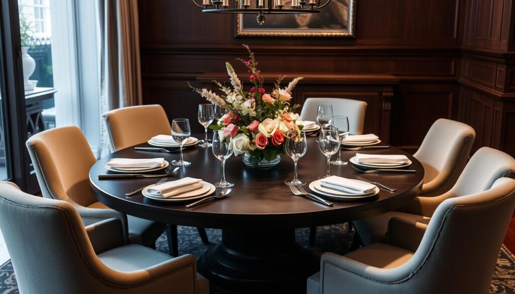 Dark brown dining table as centerpiece