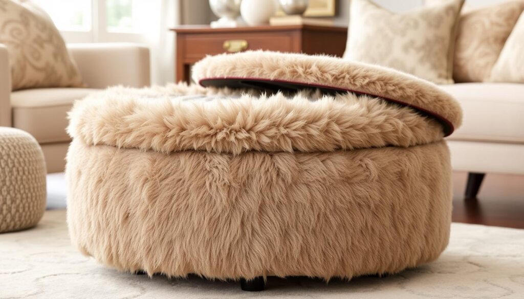 Faux sheepskin ottoman with removable lid