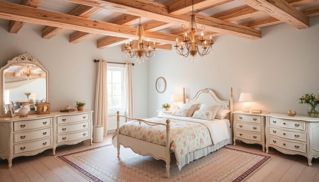 French Country bedroom with antique white furniture