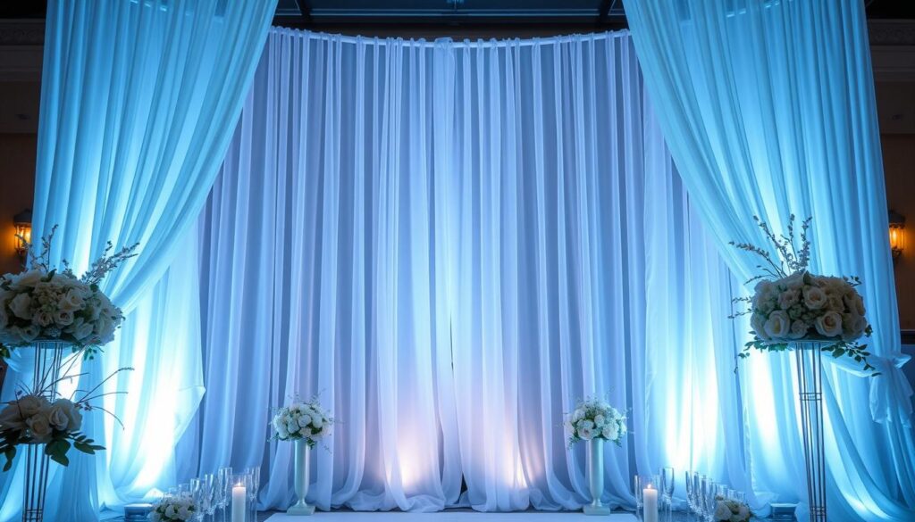 Ice blue curtains as wedding backdrop